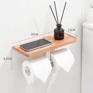 Bathroom Dual Roll Toilet Paper Holder Dispenser with Wood Shelf - Wall Mounted